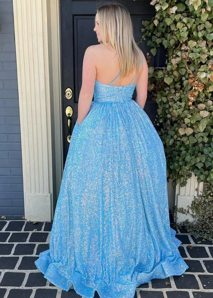 Christie | A Line/Princess Plus Size Orange Seuquin Backless One Shoulder Prom Dress - Blue - PromDressClub