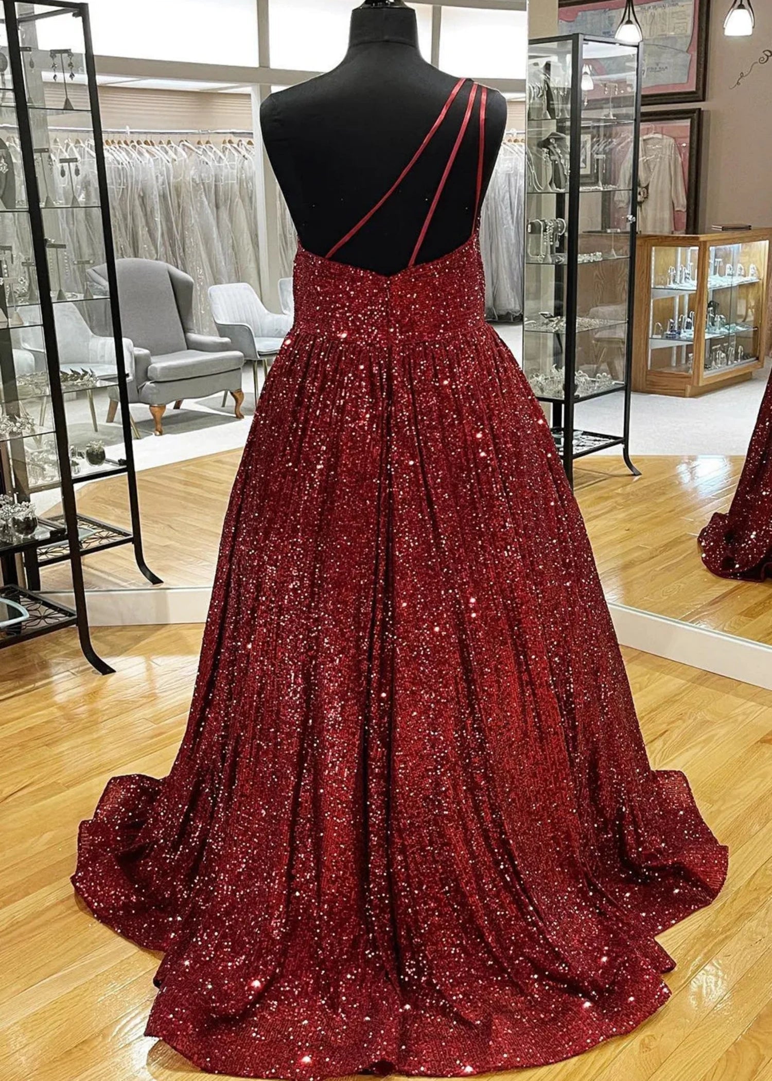 Christie | A Line/Princess Plus Size Orange Seuquin Backless One Shoulder Prom Dress - Burgundy - PromDressClub