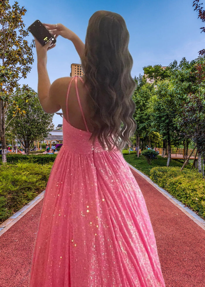 Christie | A Line/Princess Plus Size Orange Seuquin Backless One Shoulder Prom Dress - Hot Pink - PromDressClub