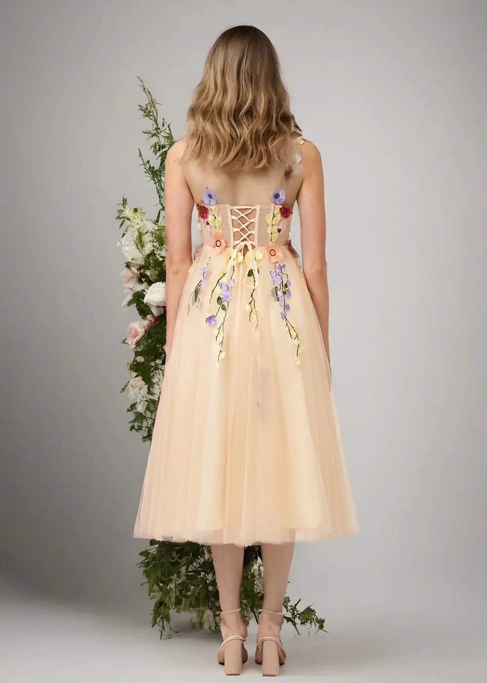 Stacey |Champagne Gold Prom Dresses Midi A Line Tulle Corset with 3D Flower | PromDressClub