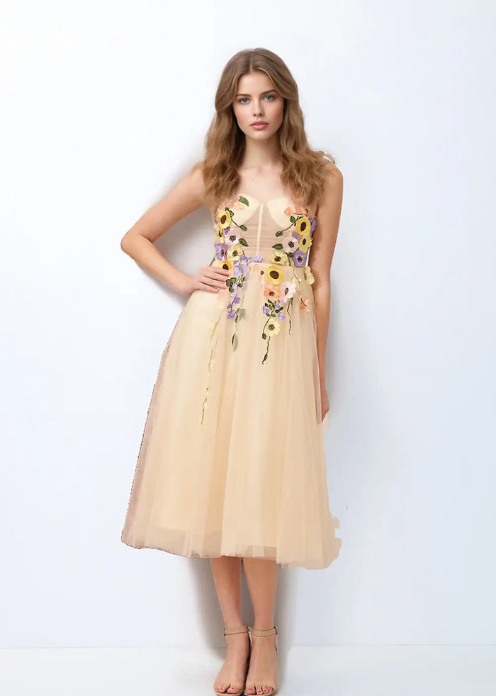 Stacey |Champagne Gold Prom Dresses Midi A Line Tulle Corset with 3D Flower | PromDressClub