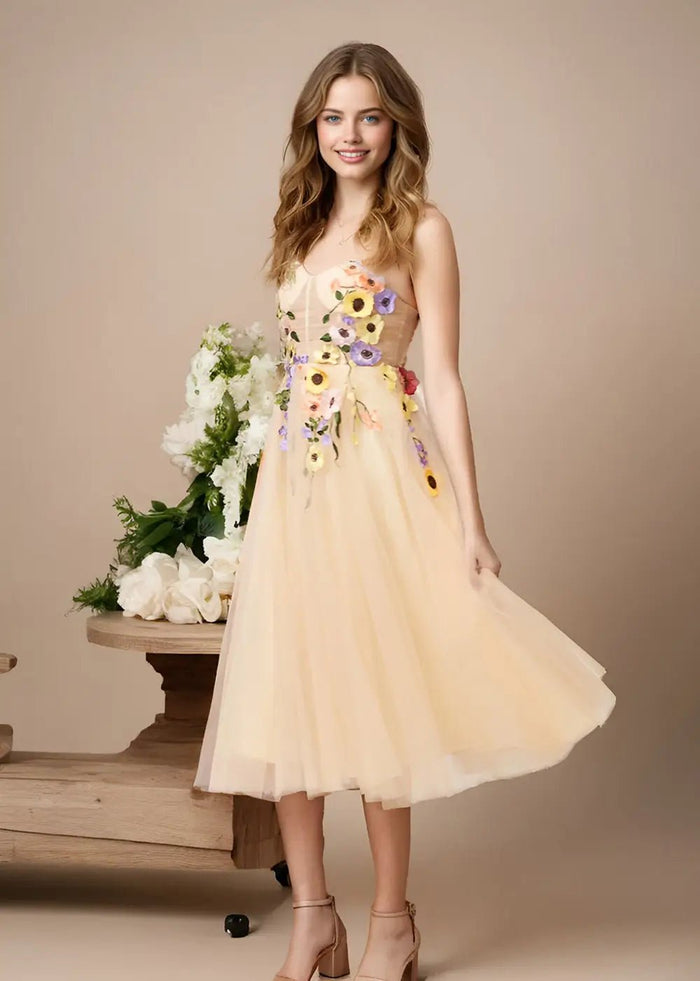 Stacey |Champagne Gold Prom Dresses Midi A Line Tulle Corset with 3D Flower | PromDressClub