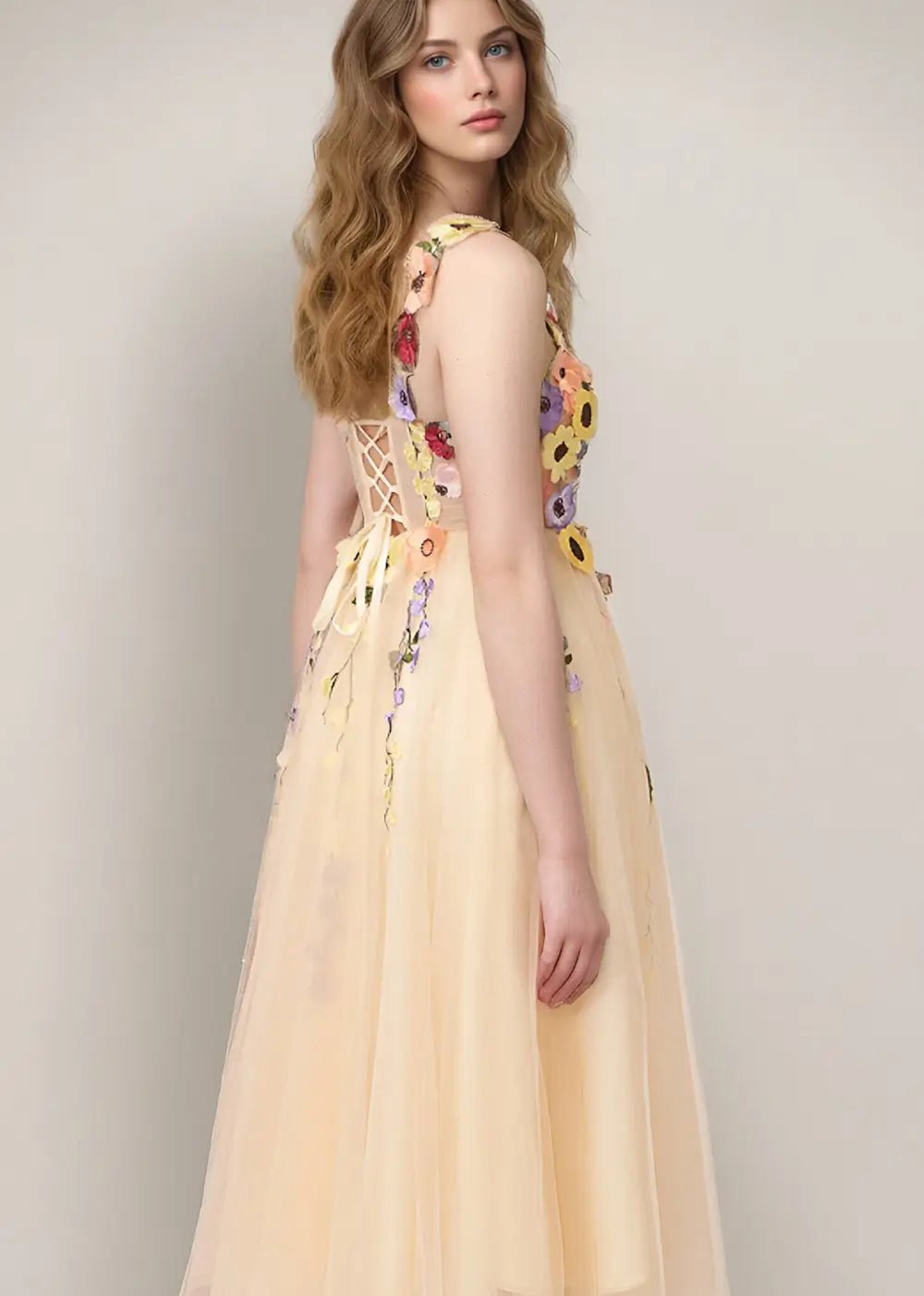 Stacey |Champagne Gold Prom Dresses Midi A Line Tulle Corset with 3D Flower | PromDressClub