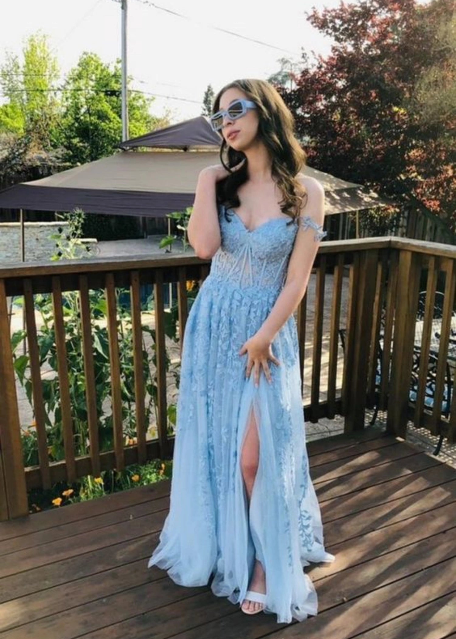 Genevieve | Pink Black Lace Floral A Line Tulle Prom Dress with slit - Light Blue - PromDressClub