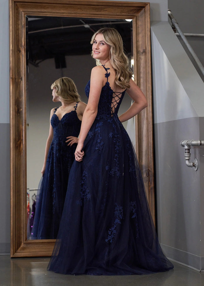 Genevieve | Pink Black Lace Floral A Line Tulle Prom Dress with slit - Dark Navy - PromDressClub