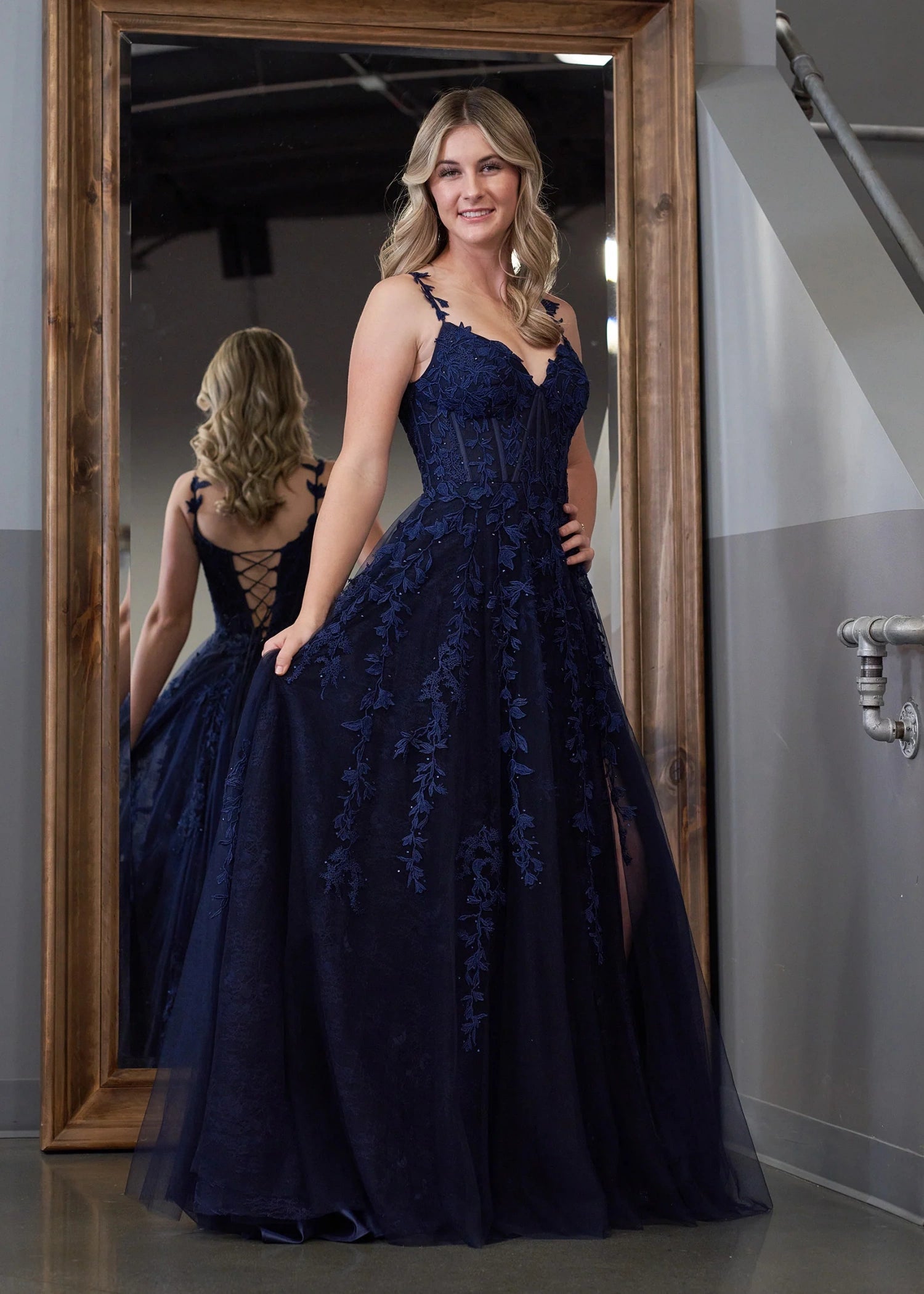 Genevieve | Pink Black Lace Floral A Line Tulle Prom Dress with slit - Dark Navy - PromDressClub