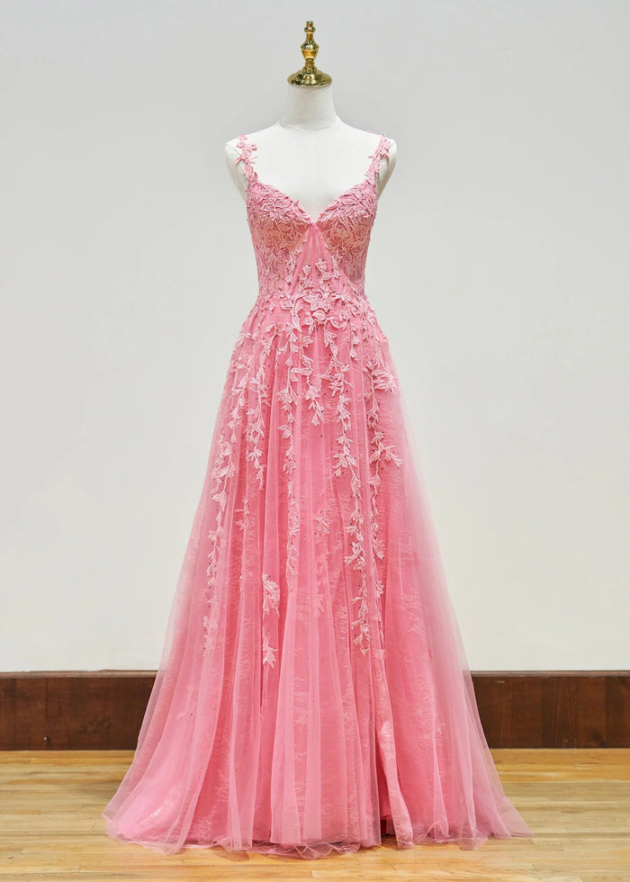 Genevieve | Pink Black Lace Floral A Line Tulle Prom Dress with slit - Light Pink - PromDressClub