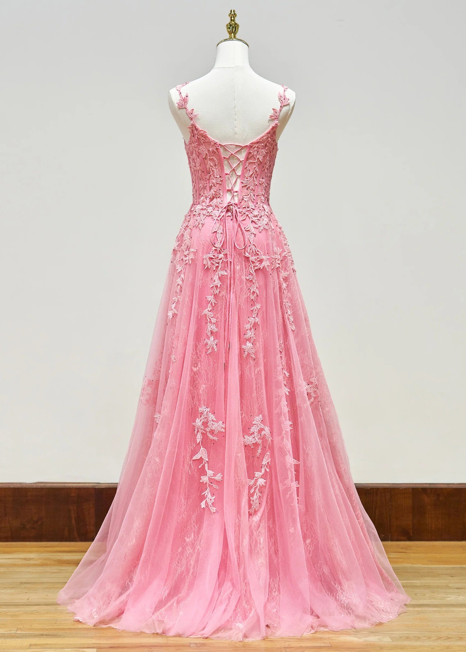 Genevieve | Pink Black Lace Floral A Line Tulle Prom Dress with slit - Light Pink - PromDressClub