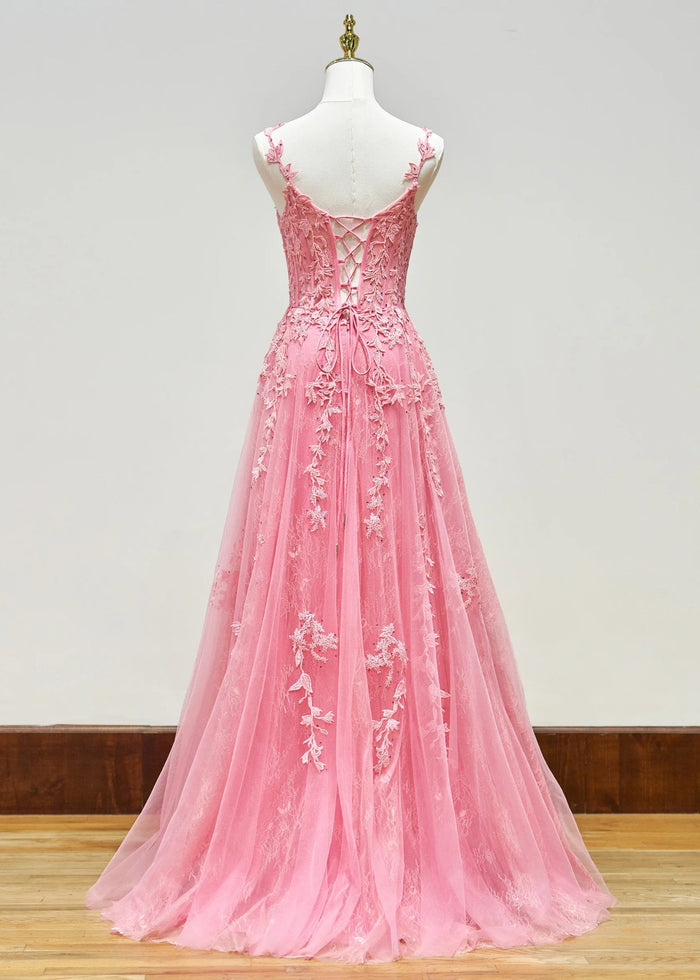 Genevieve | Pink Black Lace Floral A Line Tulle Prom Dress with slit - Light Pink - PromDressClub