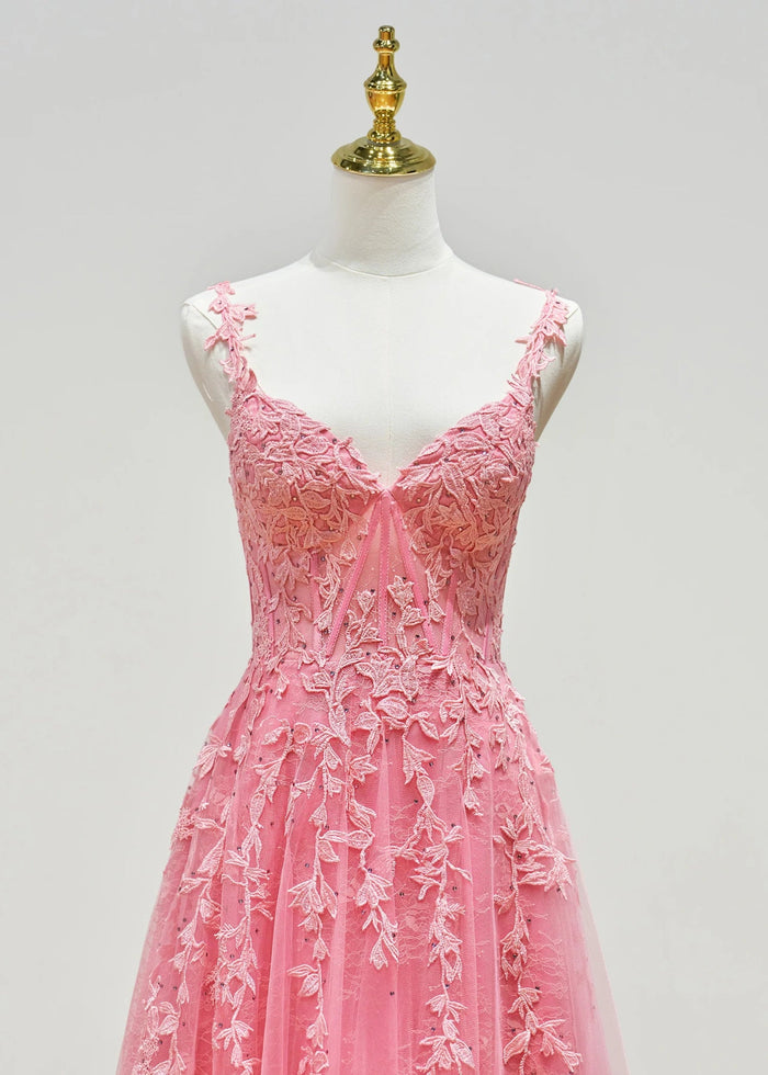 Genevieve | Pink Black Lace Floral A Line Tulle Prom Dress with slit - Light Pink - PromDressClub