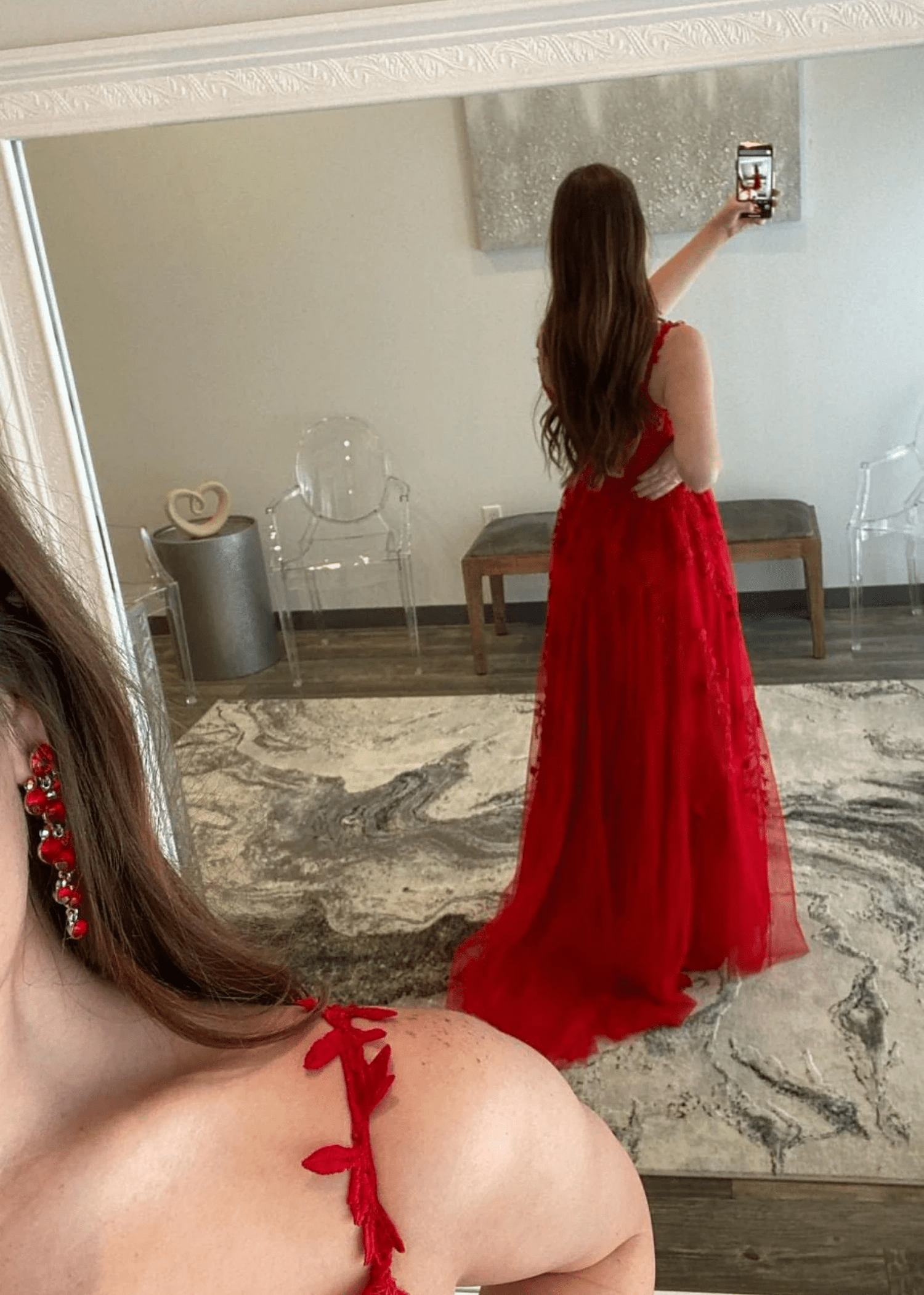 Genevieve | Pink Black Lace Floral A Line Tulle Prom Dress with slit - Red - PromDressClub