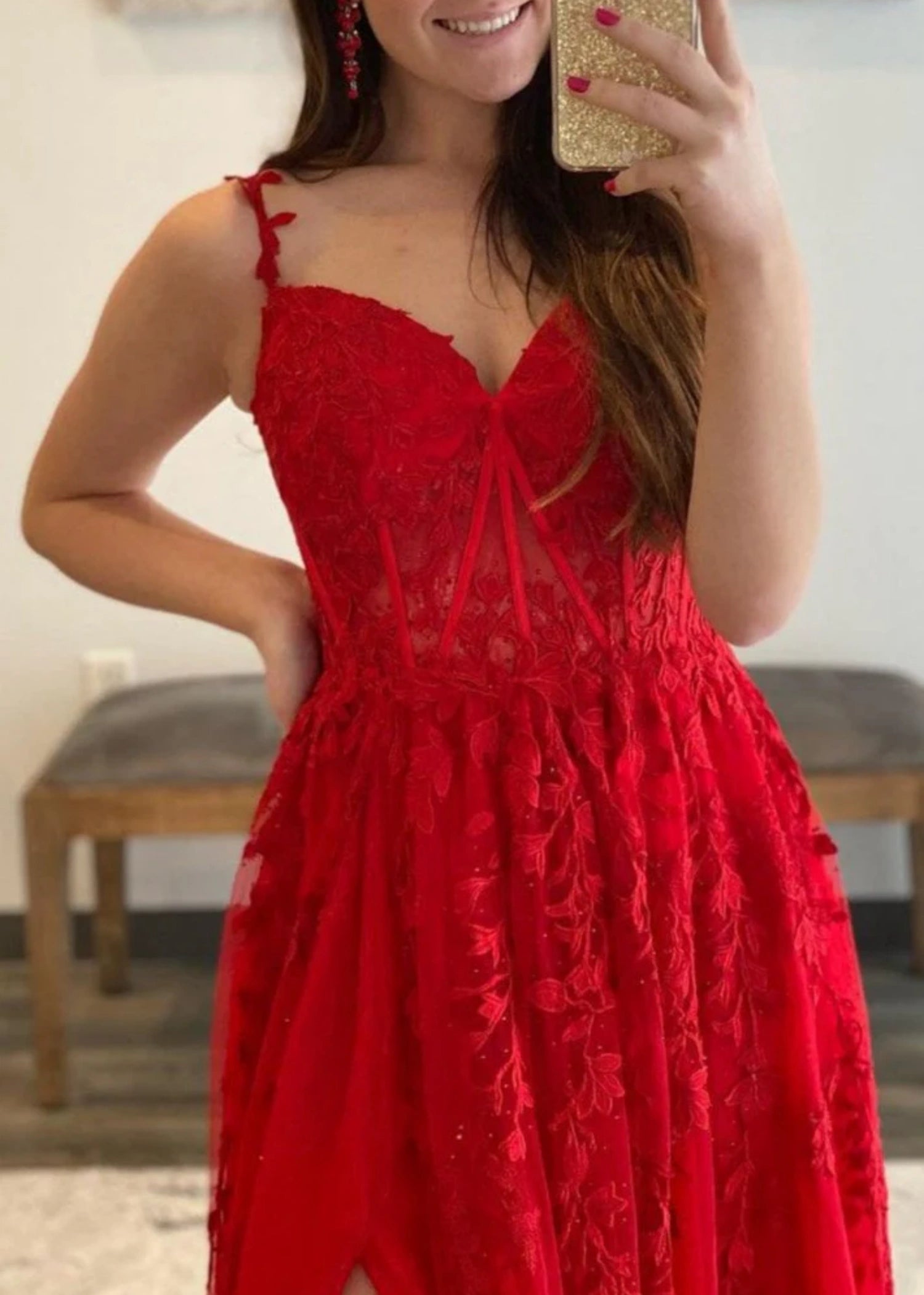 Genevieve | Pink Black Lace Floral A Line Tulle Prom Dress with slit - Red - PromDressClub