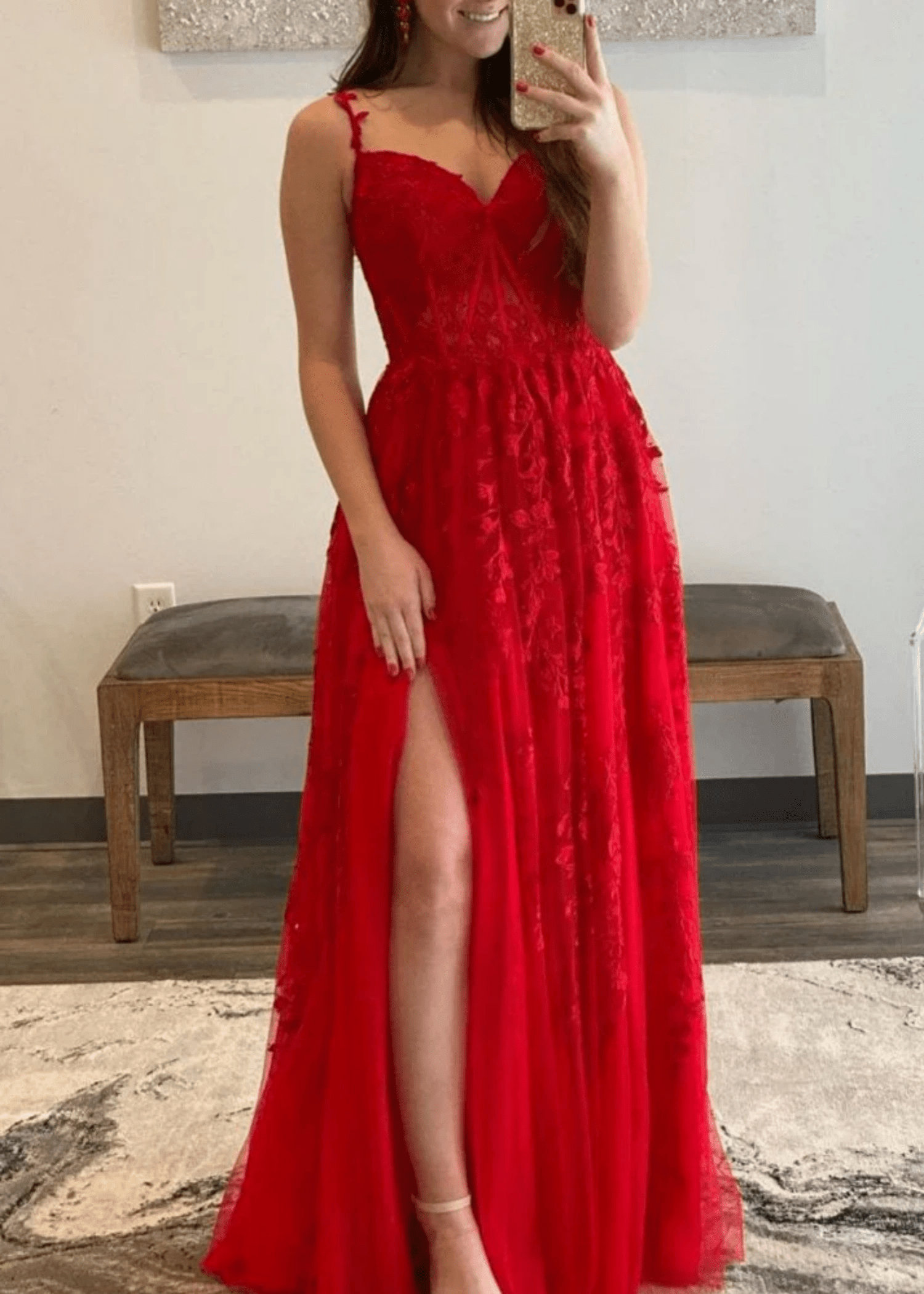 Genevieve | Pink Black Lace Floral A Line Tulle Prom Dress with slit - Red - PromDressClub