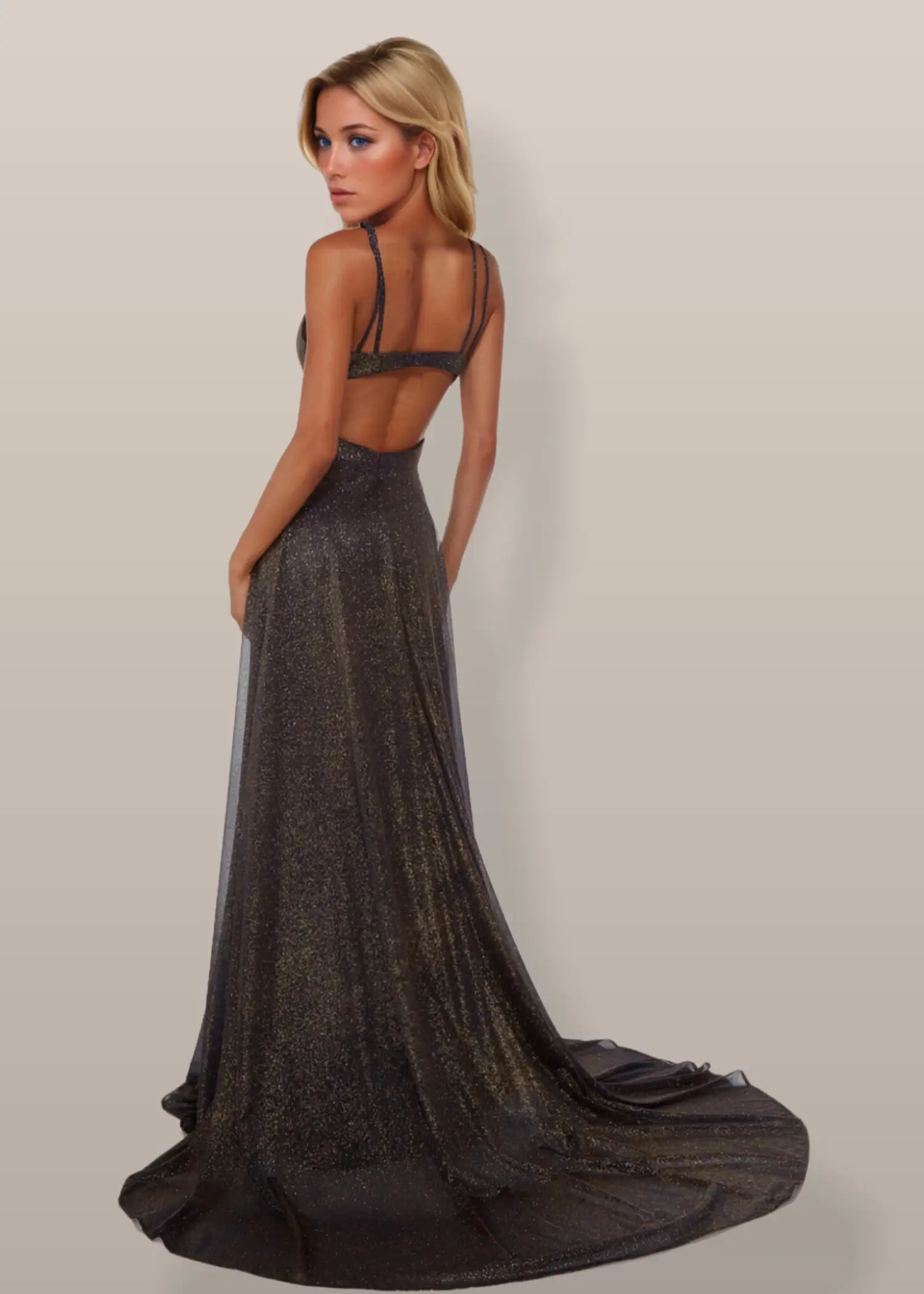 Shirley | Emerald Green and Royal Blue A Line Metallic Prom Dress with Slit - Black - PromDressClub