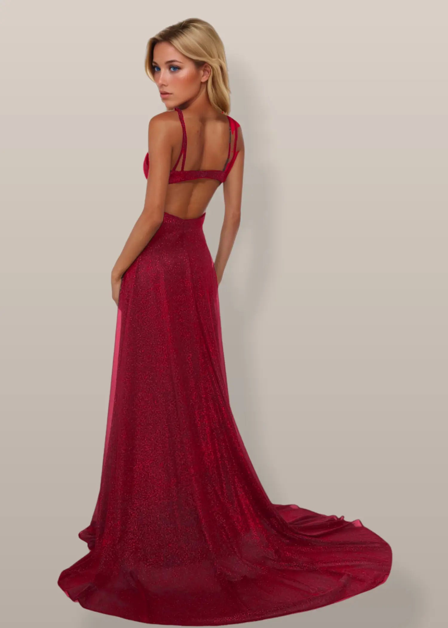 Shirley | Emerald Green and Royal Blue A Line Metallic Prom Dress with Slit - Burgundy - PromDressClub