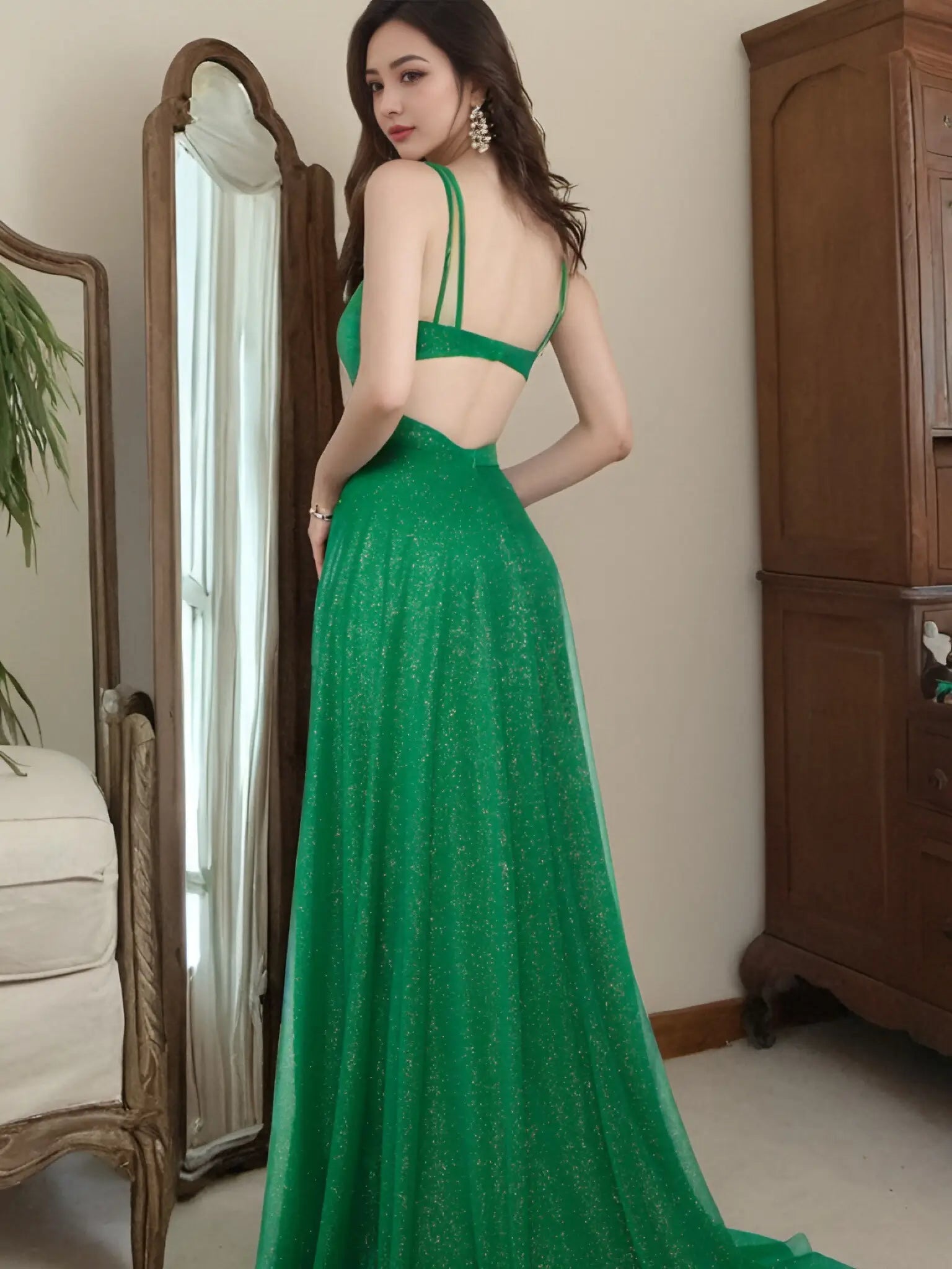 Shirley | Emerald Green and Royal Blue A Line Metallic Prom Dress with Slit - Emerald Green - PromDressClub