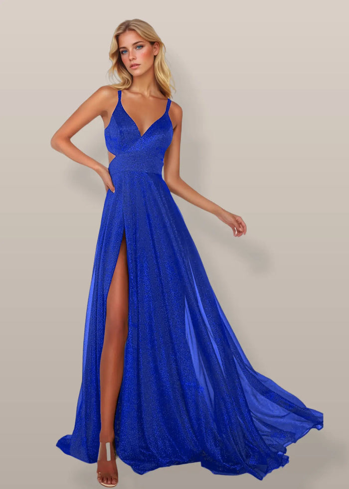 Shirley | Emerald Green and Royal Blue A Line Metallic Prom Dress with Slit - Royal Blue - PromDressClub