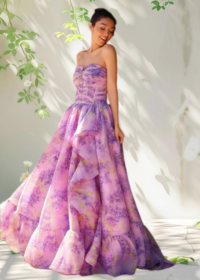Ada | Lilac Floral Starpless Corset Detachable Sleeve Formal Dress - Lilac Floral - PromDressClub
