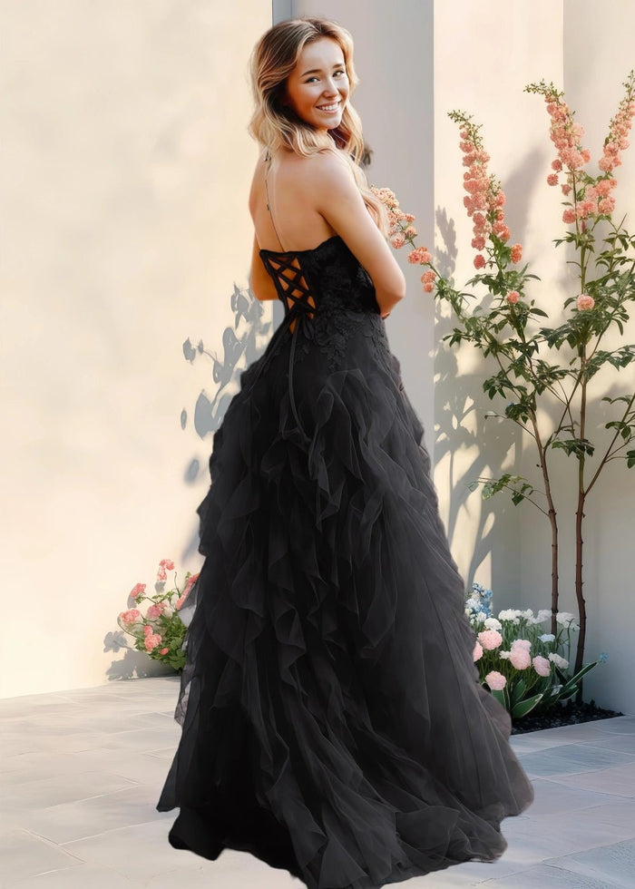 Adelaide | Coral Color Tulle Corset Backless Formal Dress - Black - PromDressClub