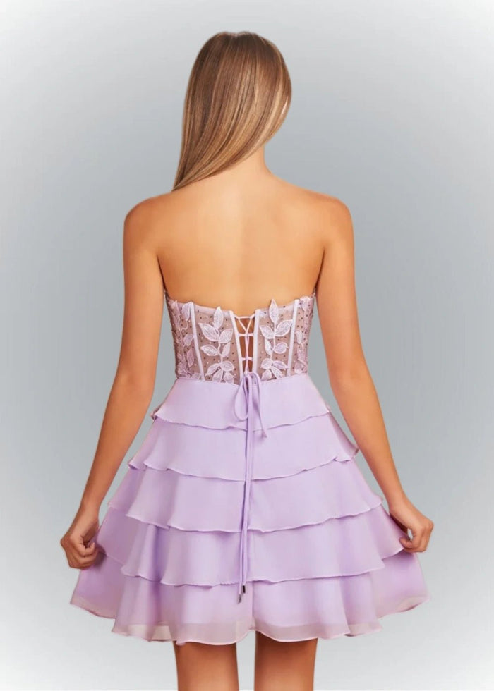 Adriana | Chic Lavender and Yellow Strapless Corset Mini Homecoming Dress with Ruffles - Lavender - PromDressClub