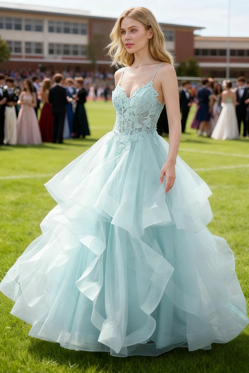 Aetherium Light Blue Lace Corset Prom Dress | A - Line Sweetheart Neckline Rhinestones Ruffle Floor Length Dress - US0 - PromDressClub