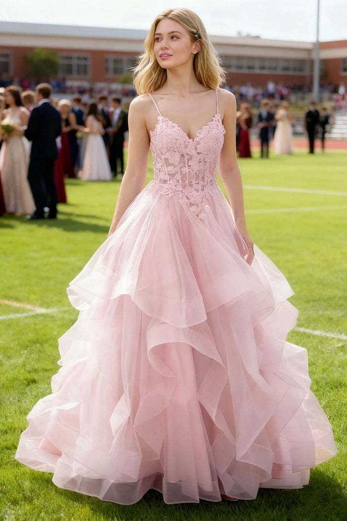 Aetherium Light Pink Lace Corset Prom Dress | A - Line Sweetheart Neckline Rhinestones Ruffle Floor Length Dress - US0 - PromDressClub