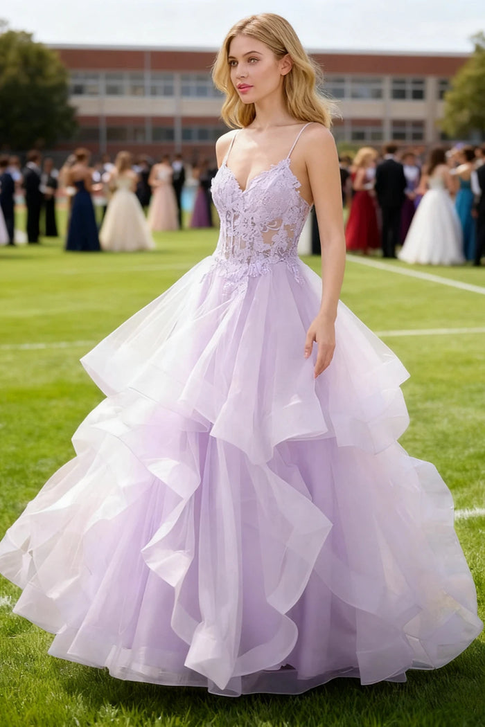 Aetherium Lilac Lace Corset Prom Dress | A - Line Sweetheart Neckline Rhinestones Ruffle Floor Length Dress - US0 - PromDressClub