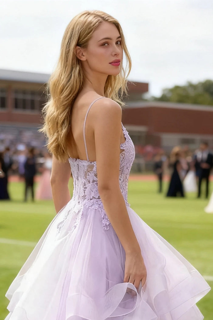 Aetherium Lilac Lace Corset Prom Dress | A - Line Sweetheart Neckline Rhinestones Ruffle Floor Length Dress - US0 - PromDressClub