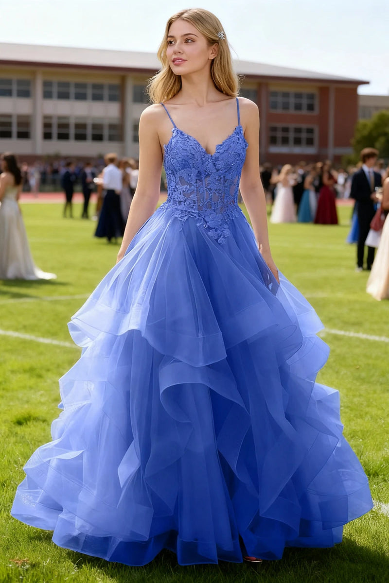 Aetherium Royal Blue Lace Corset Prom Dress | A - Line Sweetheart Neckline Rhinestones Ruffle Floor Length Dress - US0 - PromDressClub