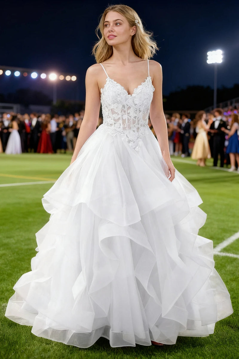 Aetherium White Lace Corset Prom Dress | A - Line Sweetheart Neckline Rhinestones Ruffle Floor Length Dress - US0 - PromDressClub