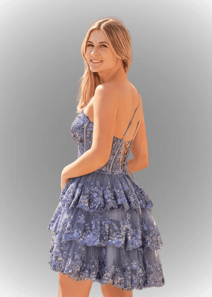 Agatha | A Line Balck One Shoulder Black Sequin Homecoming Dress with Ruffles - Grey Blue - PromDressClub