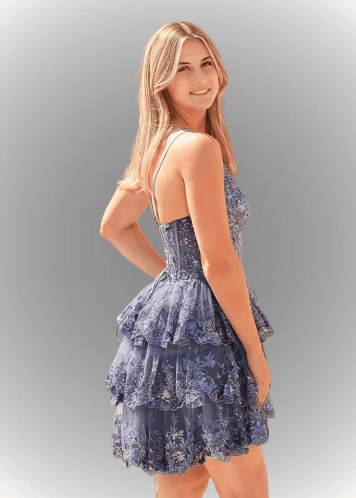 Agatha | A Line Balck One Shoulder Black Sequin Homecoming Dress with Ruffles - Grey Blue - PromDressClub