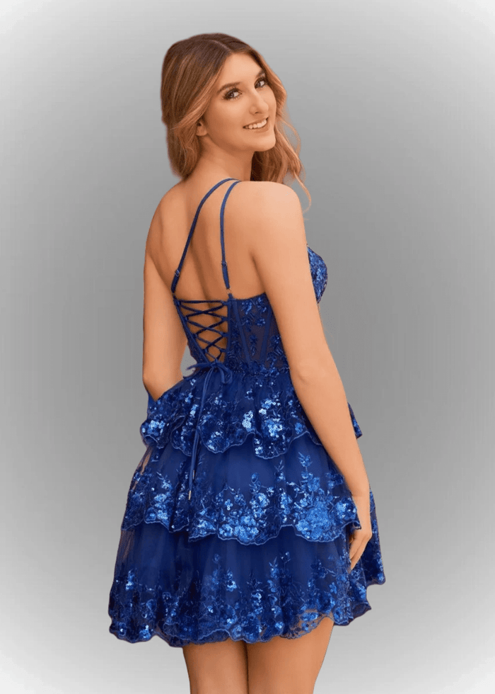 Agatha | A Line Balck One Shoulder Black Sequin Homecoming Dress with Ruffles - Royal Blue - PromDressClub