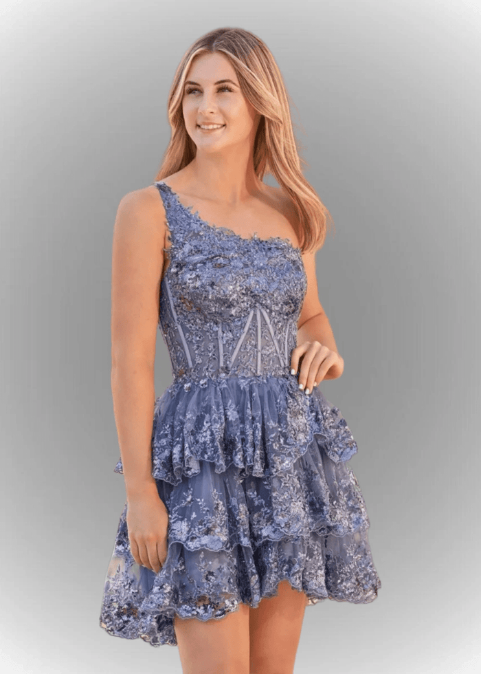 Agatha | A Line Balck One Shoulder Black Sequin Homecoming Dress with Ruffles - Royal Blue - PromDressClub