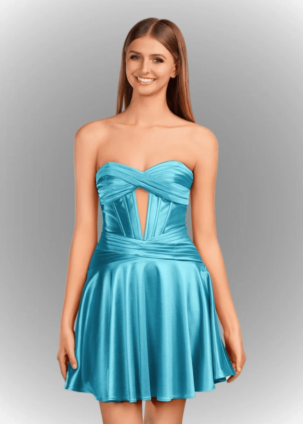 Alana | A Line Fuchsia Satin Strapless Ruched Homecoming Dress with Keyhole - Sky Blue - PromDressClub