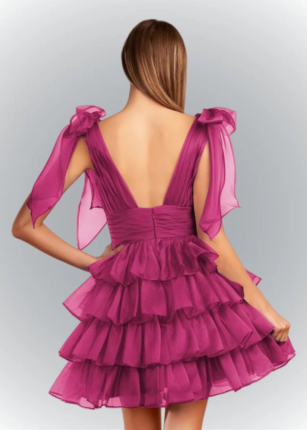 Alessia | Sexy A Line Royal Blue Tiered Ruffle Homecoming Dress with Bow - Fuchsia - PromDressClub