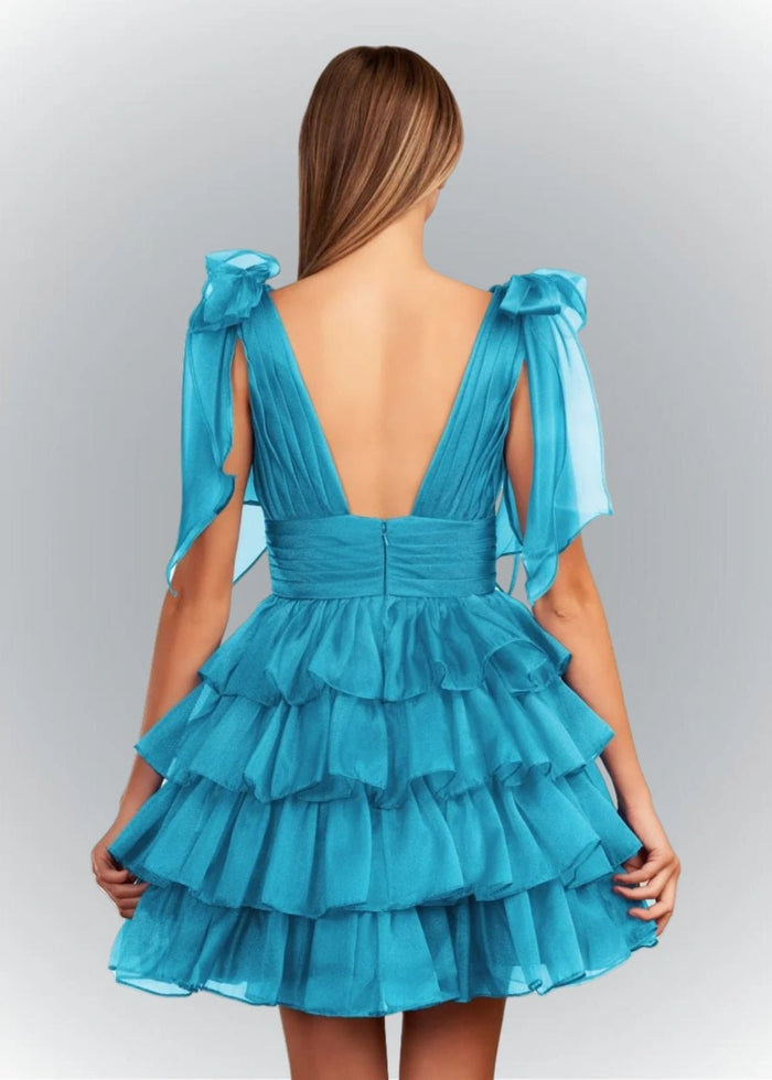 Alessia | Sexy A Line Royal Blue Tiered Ruffle Homecoming Dress with Bow - Turquoise - PromDressClub