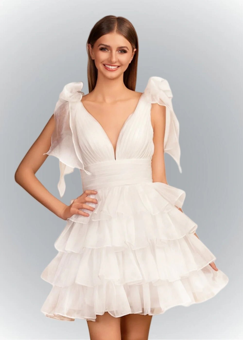 Alessia | Sexy A Line Royal Blue Tiered Ruffle Homecoming Dress with Bow - White - PromDressClub