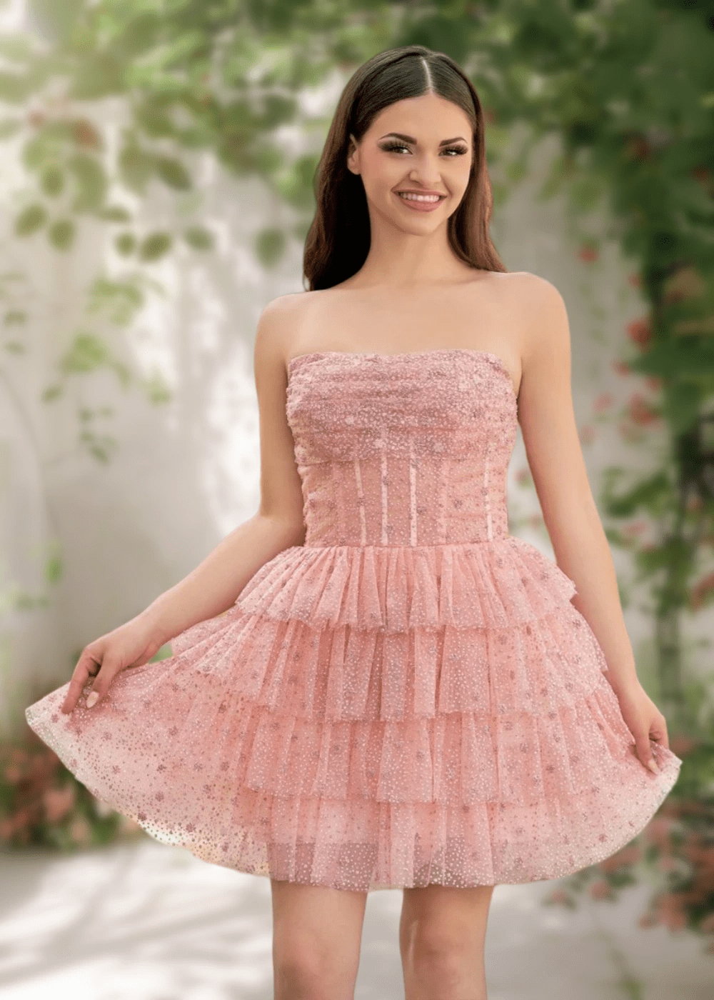 Alexandra | Classy Light Blue Strapless Corset Short Homecoming Dress with Ruffles - Light Pink - PromDressClub