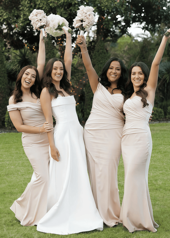 Alexia | Mermaid Off the Shoulder Champagne Stretch Satin Maxi Bridesmaid Dress with Pleated and Sweetheart Neck - Price #price_variant_lowest# - Champagne - PromDressClub