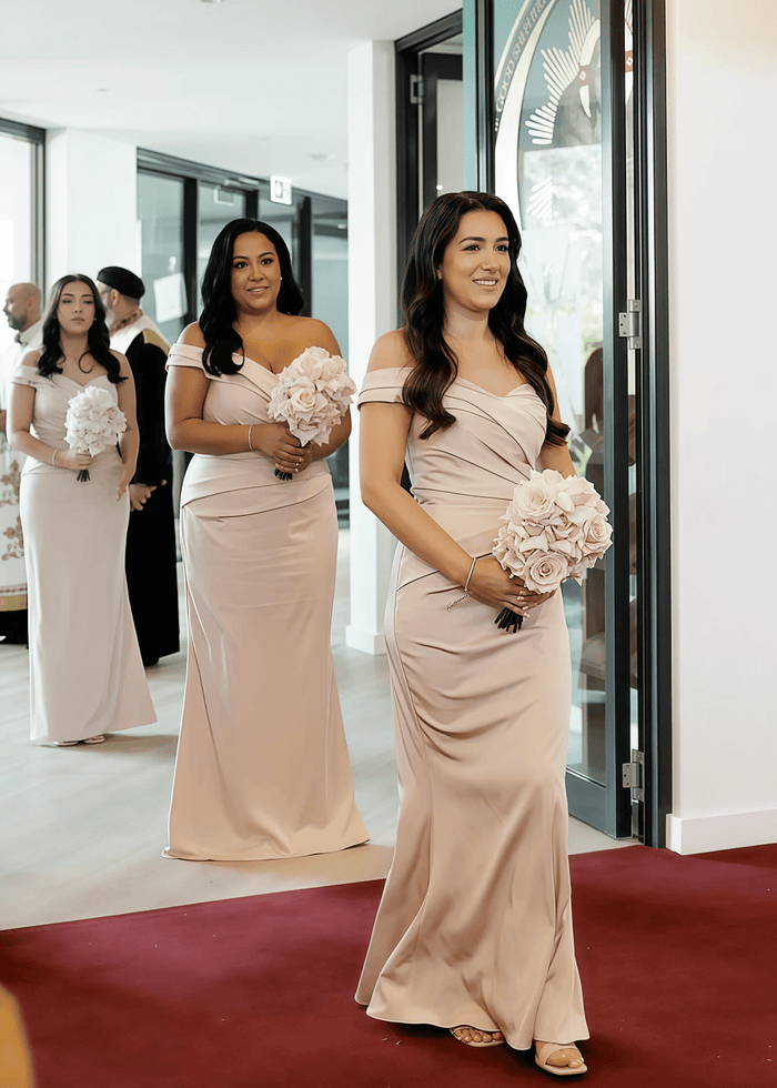 Alexia | Mermaid Off the Shoulder Champagne Stretch Satin Maxi Bridesmaid Dress with Pleated and Sweetheart Neck - Price #price_variant_lowest# - Champagne - PromDressClub