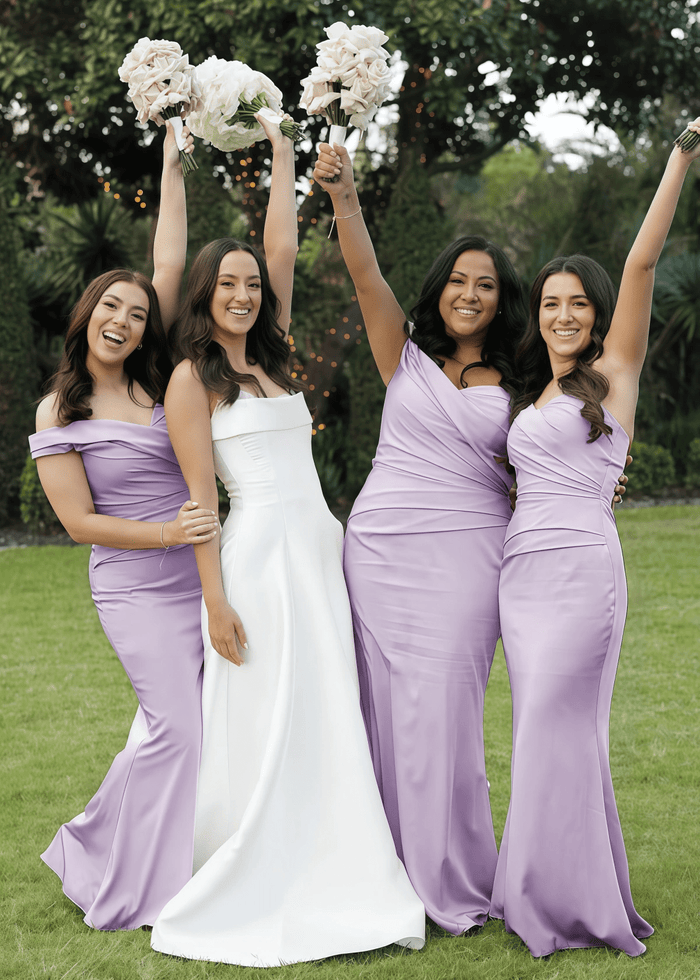 Alexia | Mermaid Off the Shoulder Champagne Stretch Satin Maxi Bridesmaid Dress with Pleated and Sweetheart Neck - Price #price_variant_lowest# - Lavender - PromDressClub