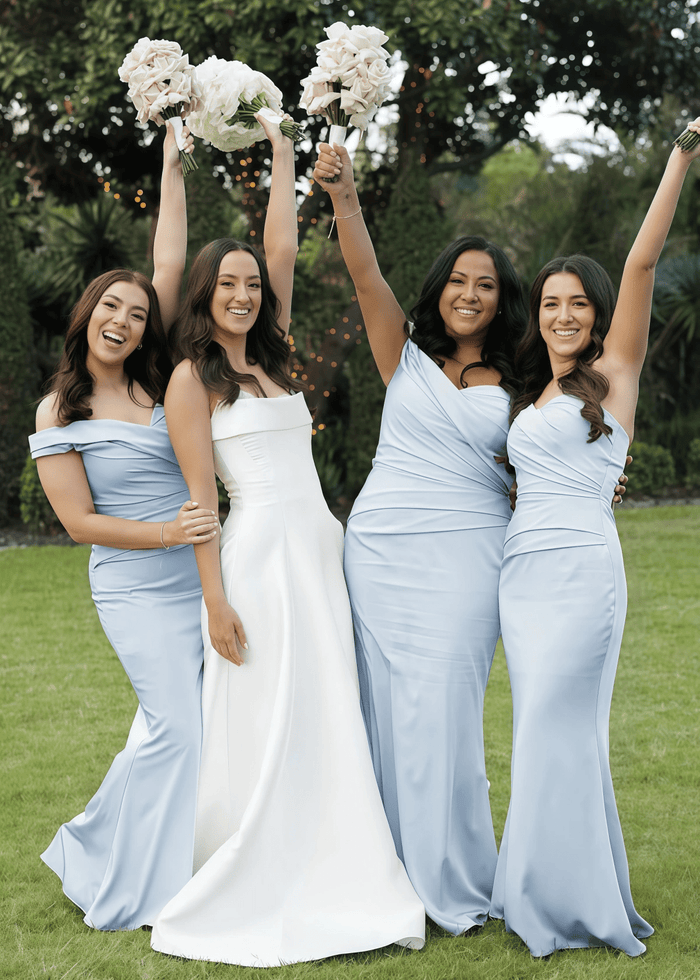 Alexia | Mermaid Off the Shoulder Champagne Stretch Satin Maxi Bridesmaid Dress with Pleated and Sweetheart Neck - Price #price_variant_lowest# - Light Blue - PromDressClub