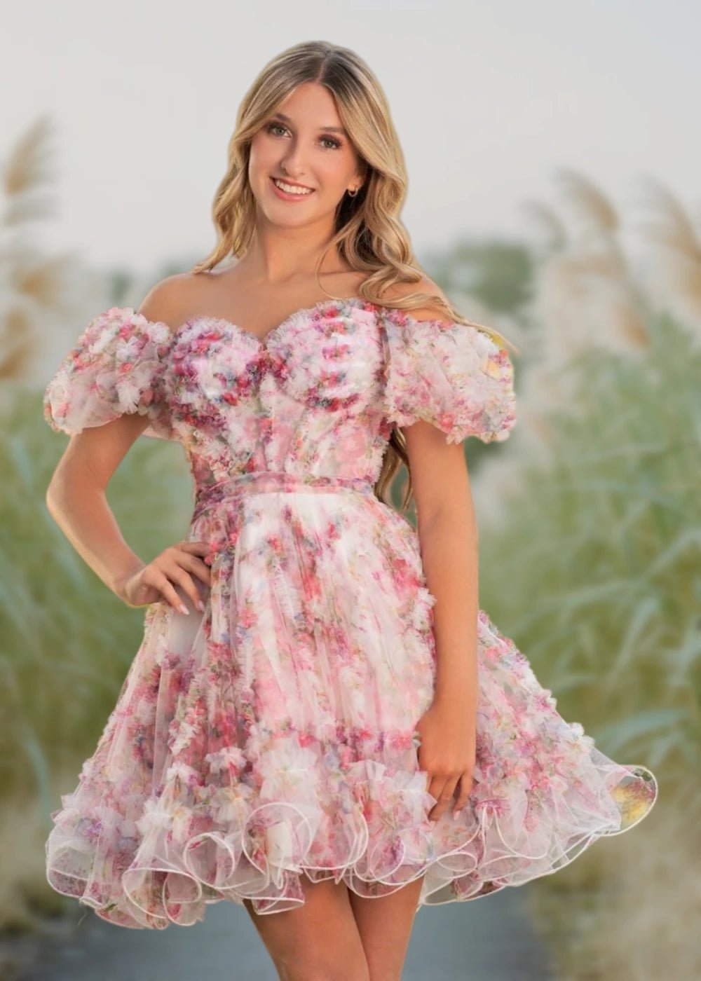 Alice | A Line Light Purple Floral Off the Shoulder Corset Homecoming Dress - Light Pink Floral - PromDressClub