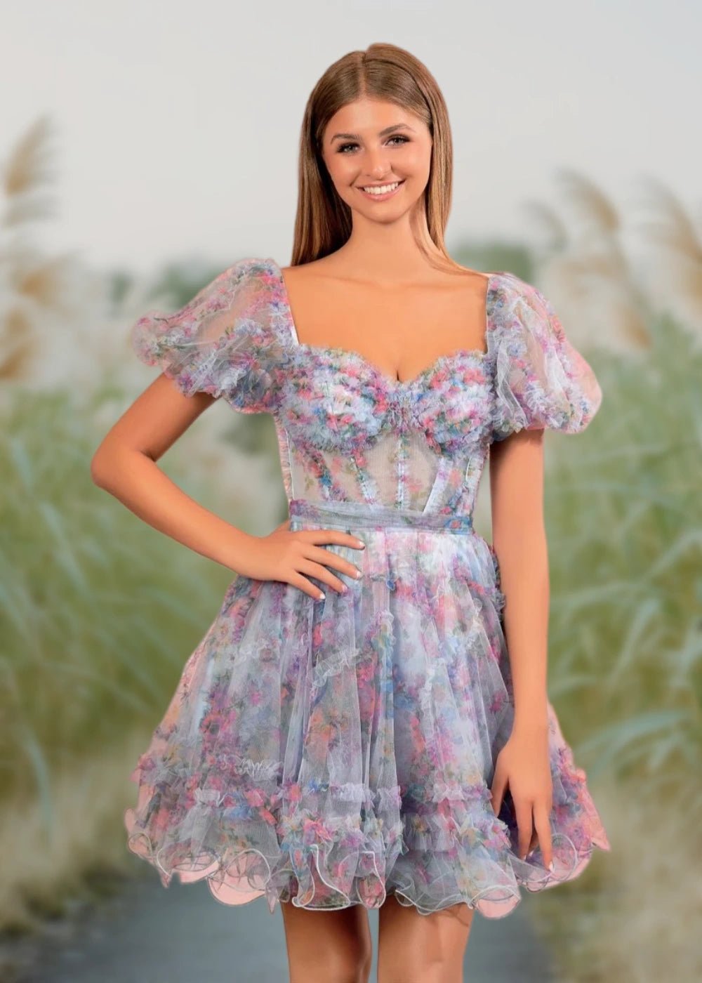 Alice | A Line Light Purple Floral Off the Shoulder Corset Homecoming Dress - Light Blue Floral - PromDressClub