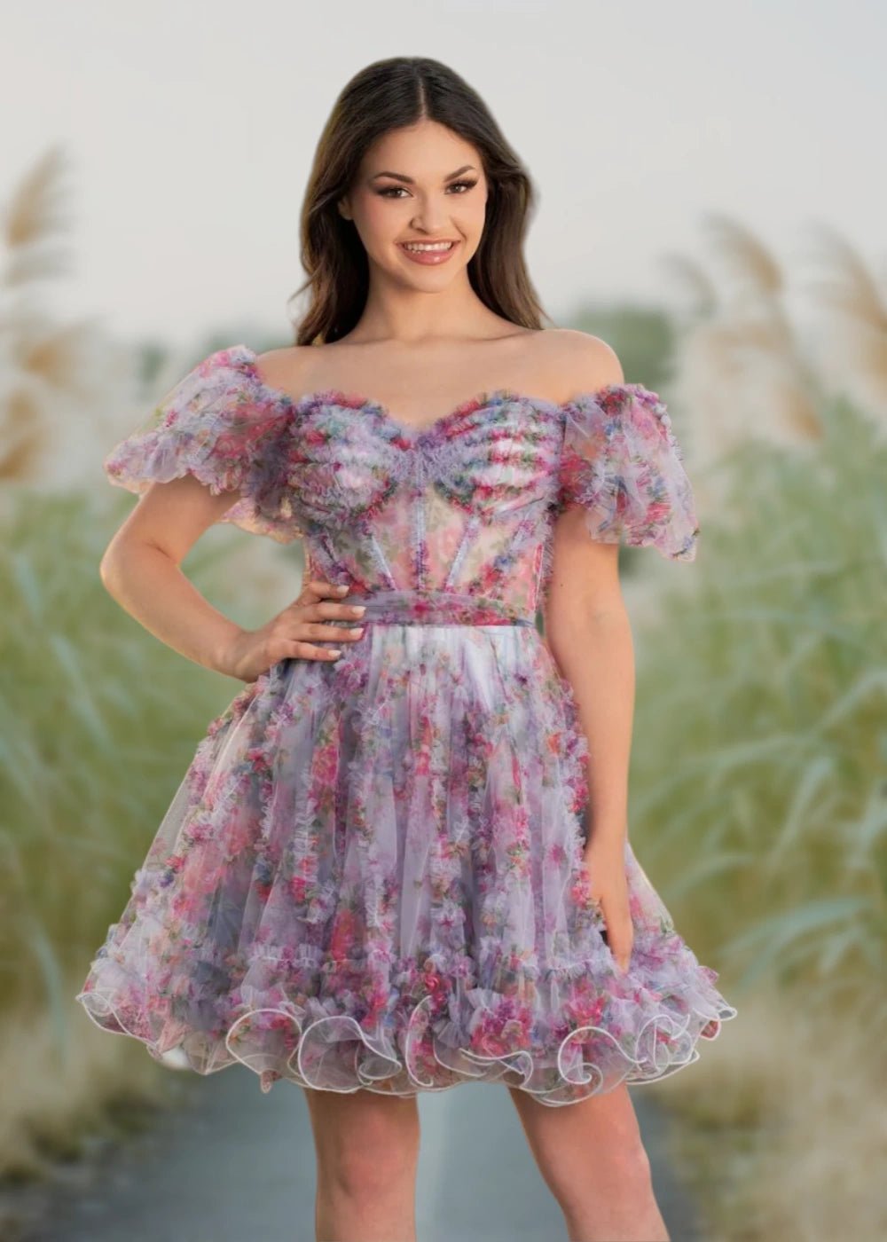 Alice | A Line Light Purple Floral Off the Shoulder Corset Homecoming Dress - Light Purple Floral - PromDressClub