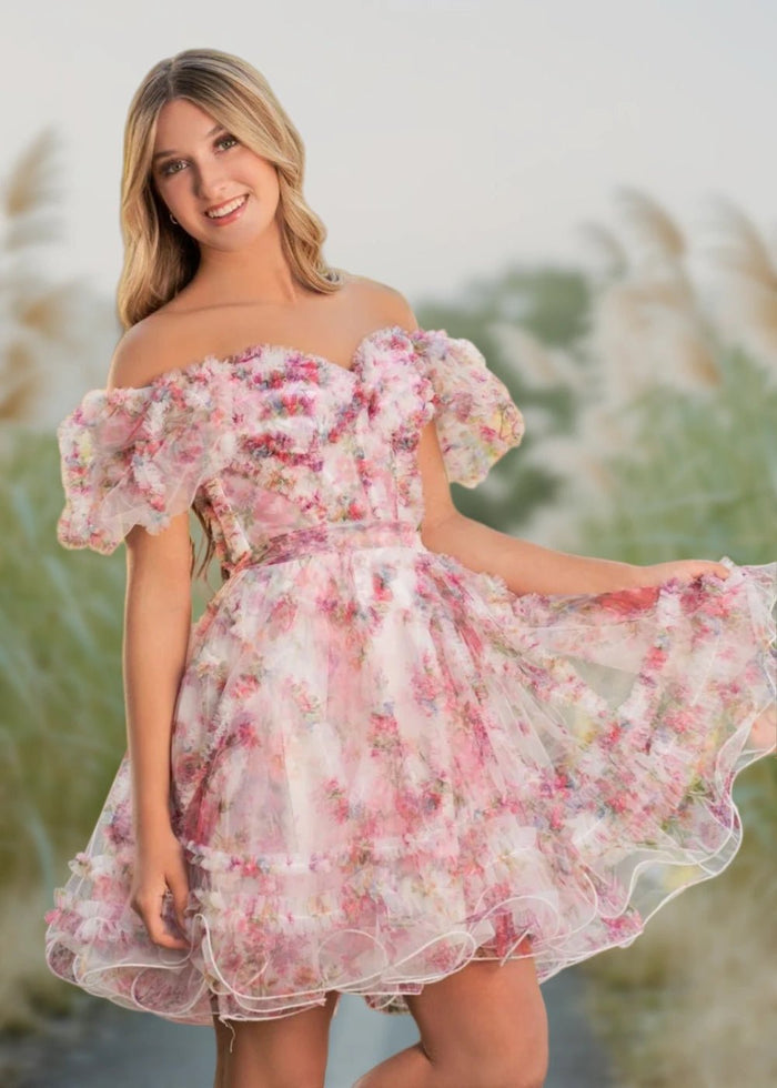 Alice | A Line Light Purple Floral Off the Shoulder Corset Homecoming Dress - Light Pink Floral - PromDressClub