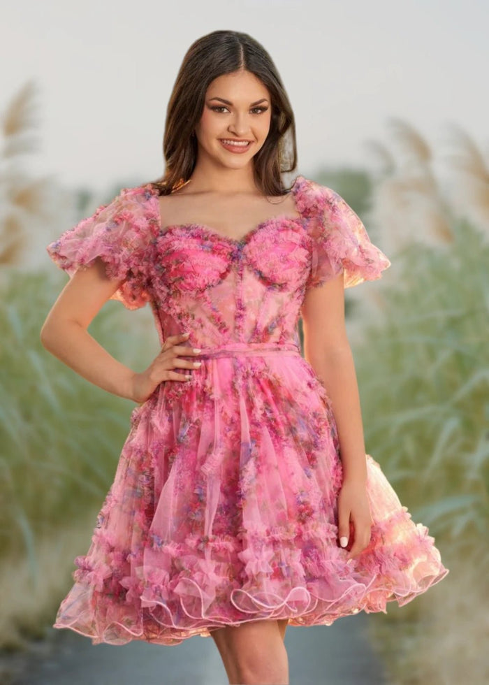 Alice | A Line Light Purple Floral Off the Shoulder Corset Homecoming Dress - Hot Pink Floral - PromDressClub