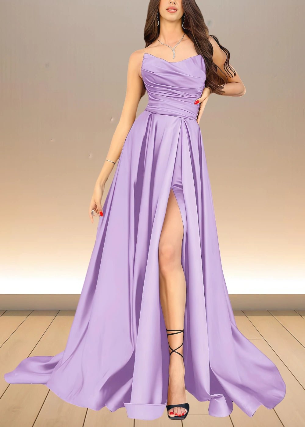 Alice | Black and Gold Corset Strapless Pleated Satin Formal Dress with Slit - Lavender - PromDressClub