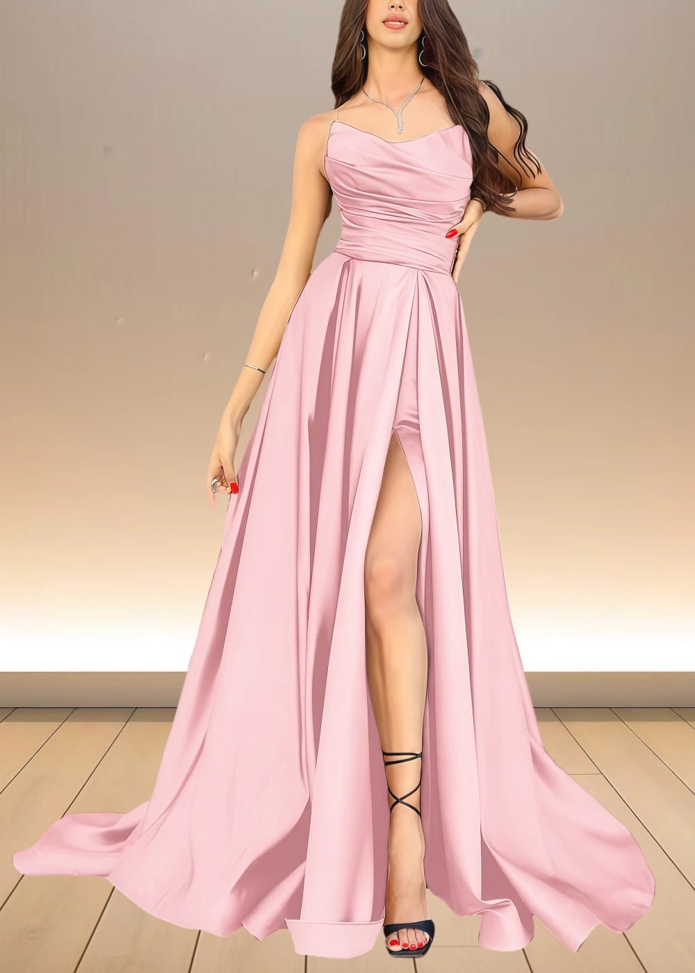 Alice | Black and Gold Corset Strapless Pleated Satin Formal Dress with Slit - Pink - PromDressClub